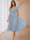 Sylvia Charming V Neck Appliques Tea Length Chiffon Mother of the Bride Dresses
