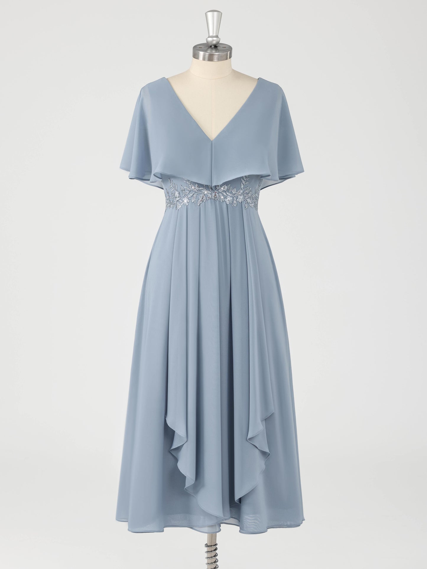 Sylvia Charming V Neck Appliques Tea Length Chiffon Mother of the Bride Dresses
