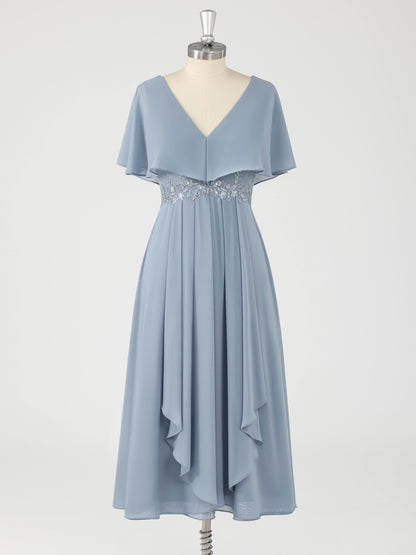 Sylvia Charming V Neck Appliques Tea Length Chiffon Mother of the Bride Dresses