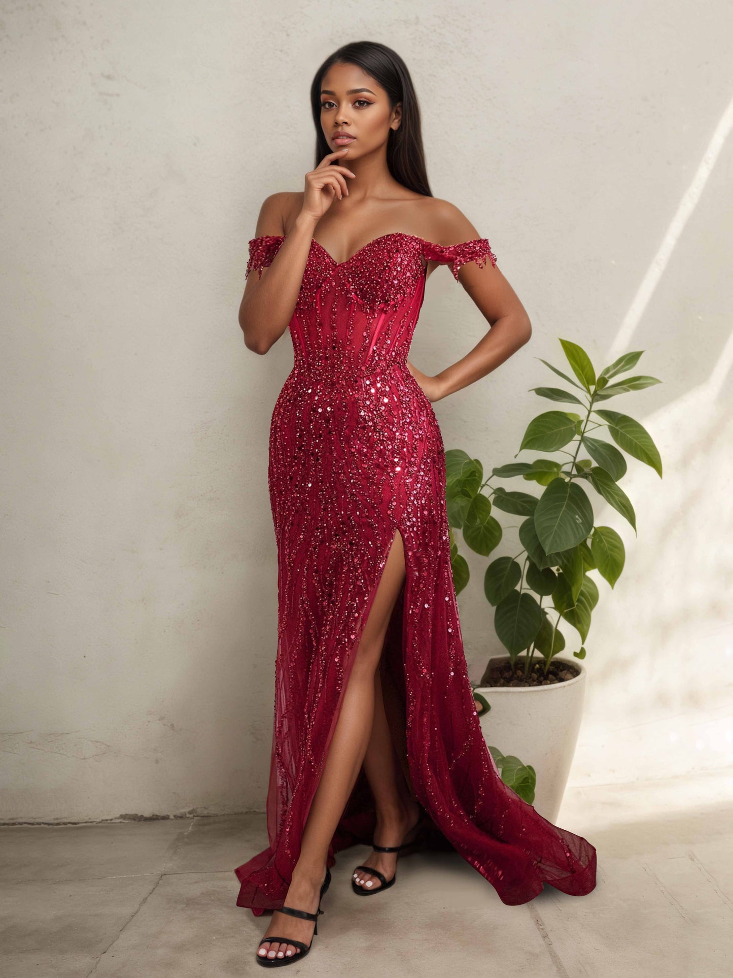Talira Sparkling Off The Shoulder Sequins Fitted Gowns with Slit