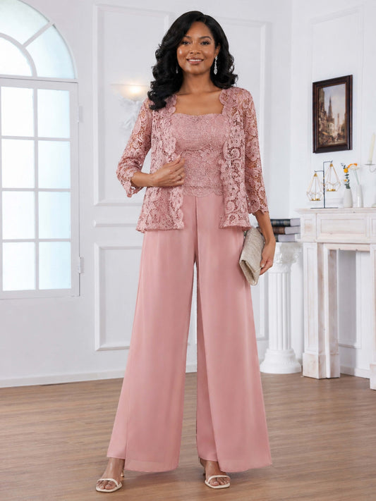 Termira Sophisticated Three Pieces Lace Sequins Chiffon Mother of the Bride Pantsuit