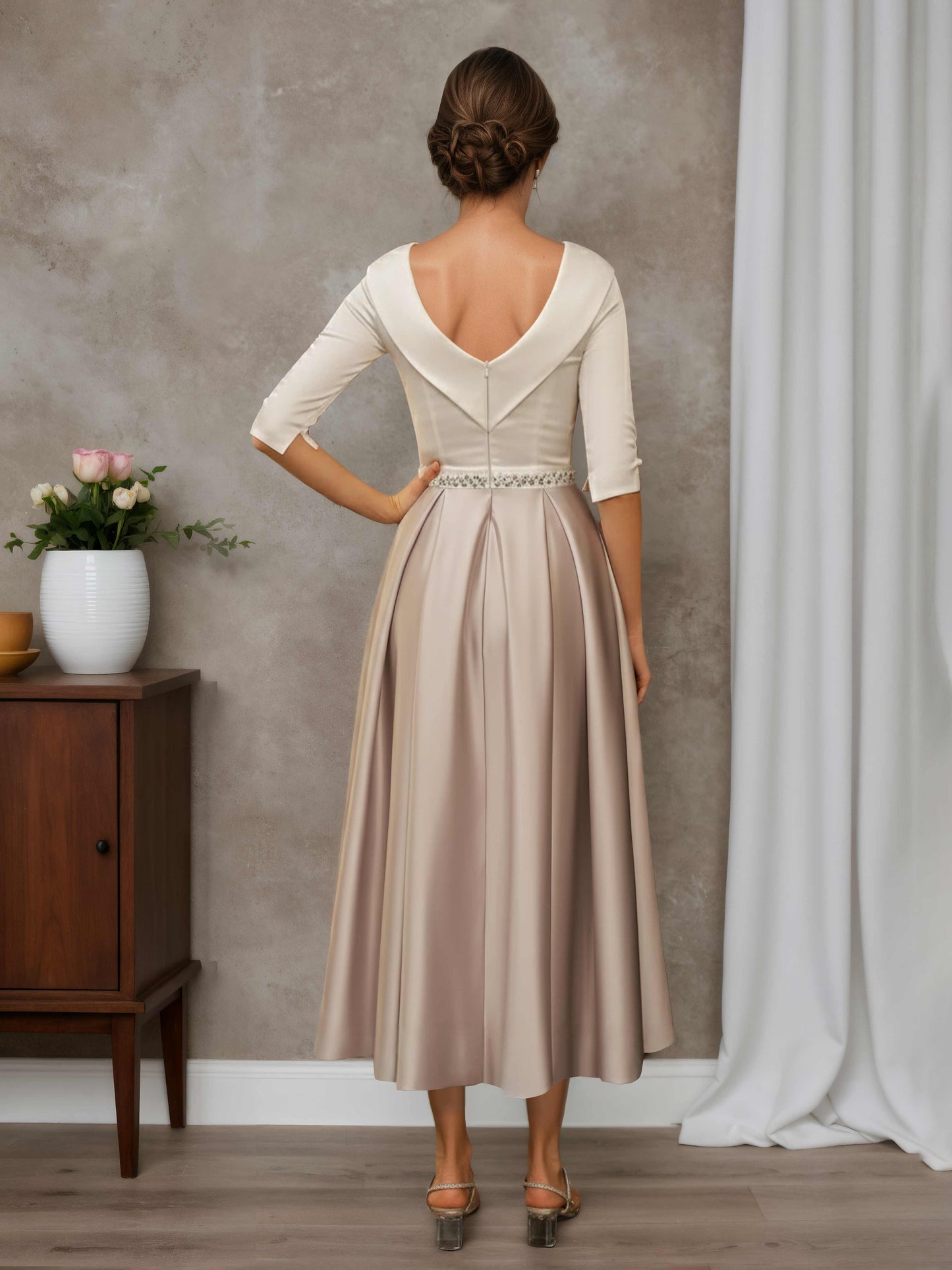 Tessia Elegant A-line Scoop Half Sleeves Tea-Length Mother of the Bride Dresses with Beading