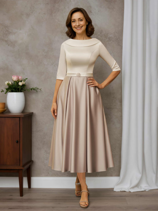 Tessia Elegant A-line Scoop Half Sleeves Tea-Length Mother of the Bride Dresses with Beading