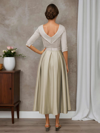 Tessia Elegant A-line Scoop Half Sleeves Tea-Length Mother of the Bride Dresses with Beading
