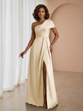 Thaloria Sophisticated A-Line Satin Dress with Asymmetrical Neckline and Slit Mother of the Bride Dresses