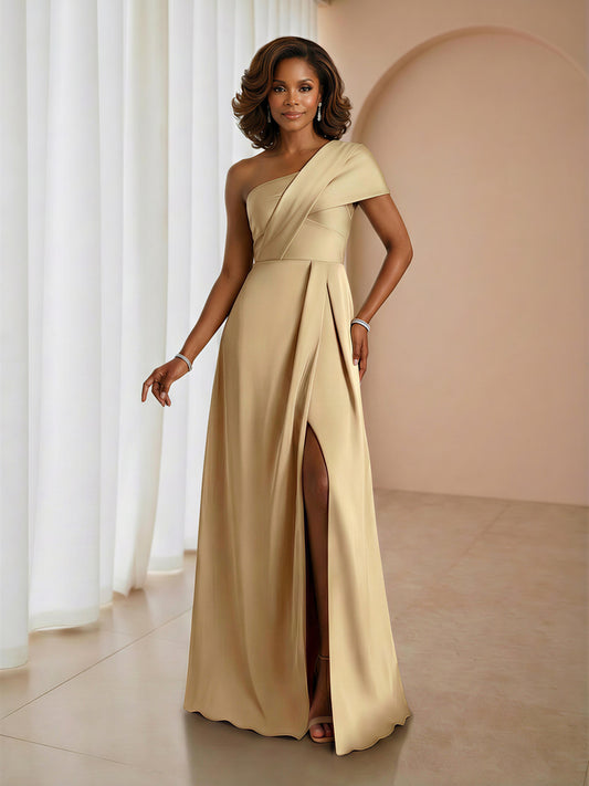 Thaloria Sophisticated A-Line Satin Dress with Asymmetrical Neckline and Slit Mother of the Bride Dresses