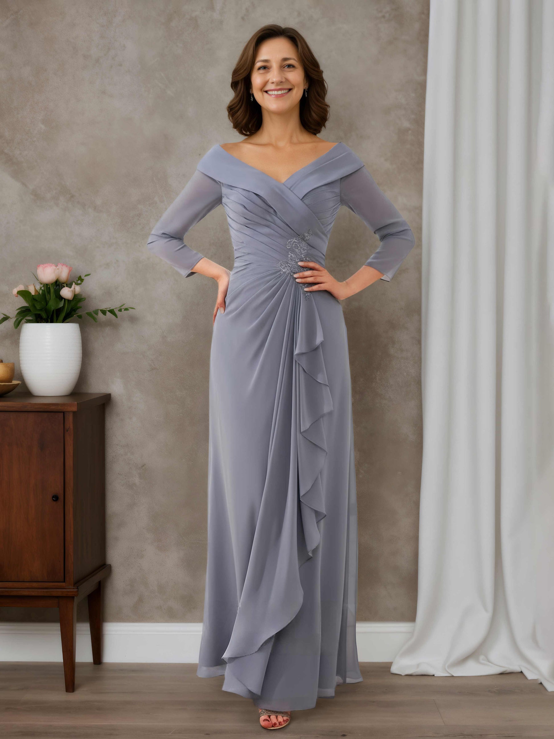 Thea Classsic A-line V-neck 3/4 Sleeves Floor-Length Chiffon Mother of Cathnina Thea Classsic A-line V-neck 3/4 Sleeves Floor-Length Chiffon Mother of Cathnina