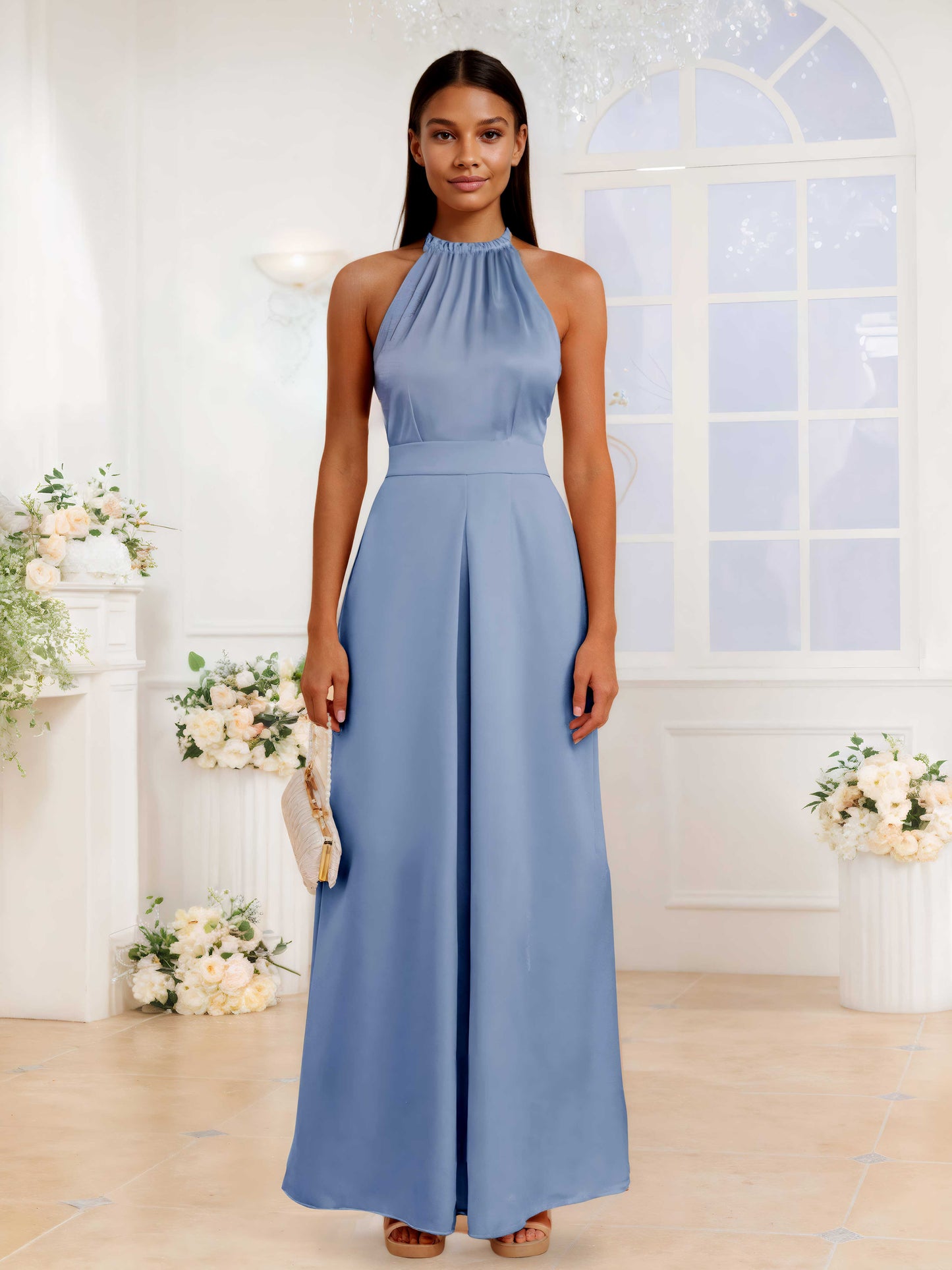 Trendy Halter Satin Jumpsuits For Bridesmaids With Pockets