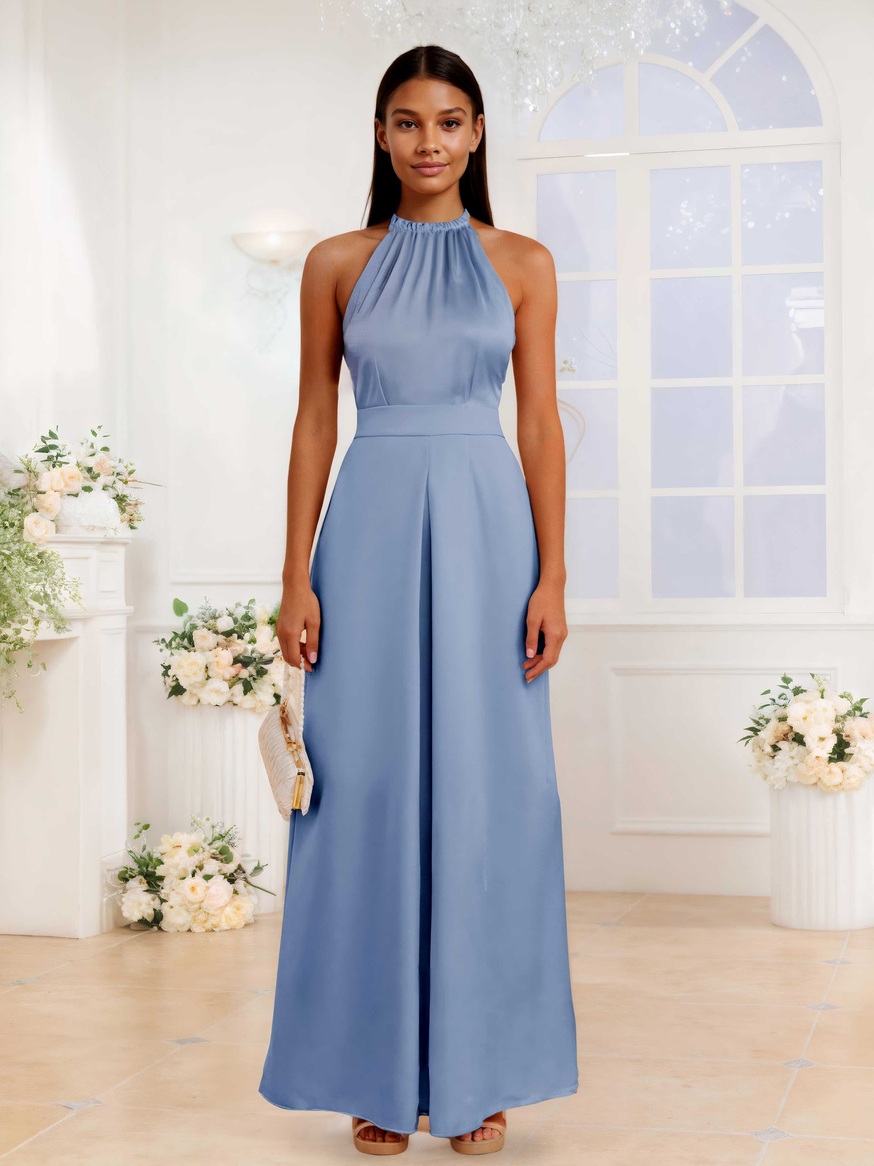 Trendy Halter Satin Jumpsuits For Bridesmaids With Pockets