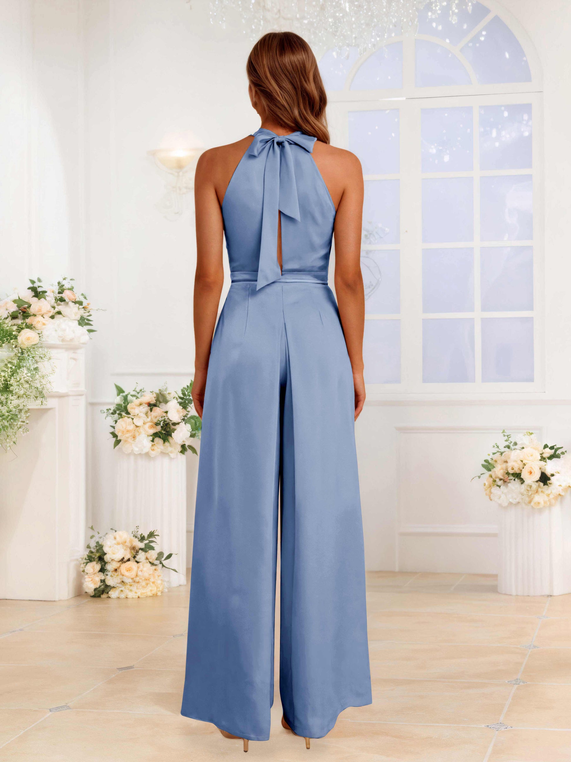 Trendy Halter Satin Jumpsuits For Bridesmaids With Pockets - Dusty Blue Trendy Halter Satin Jumpsuits For Bridesmaids With Pockets - Dusty Blue