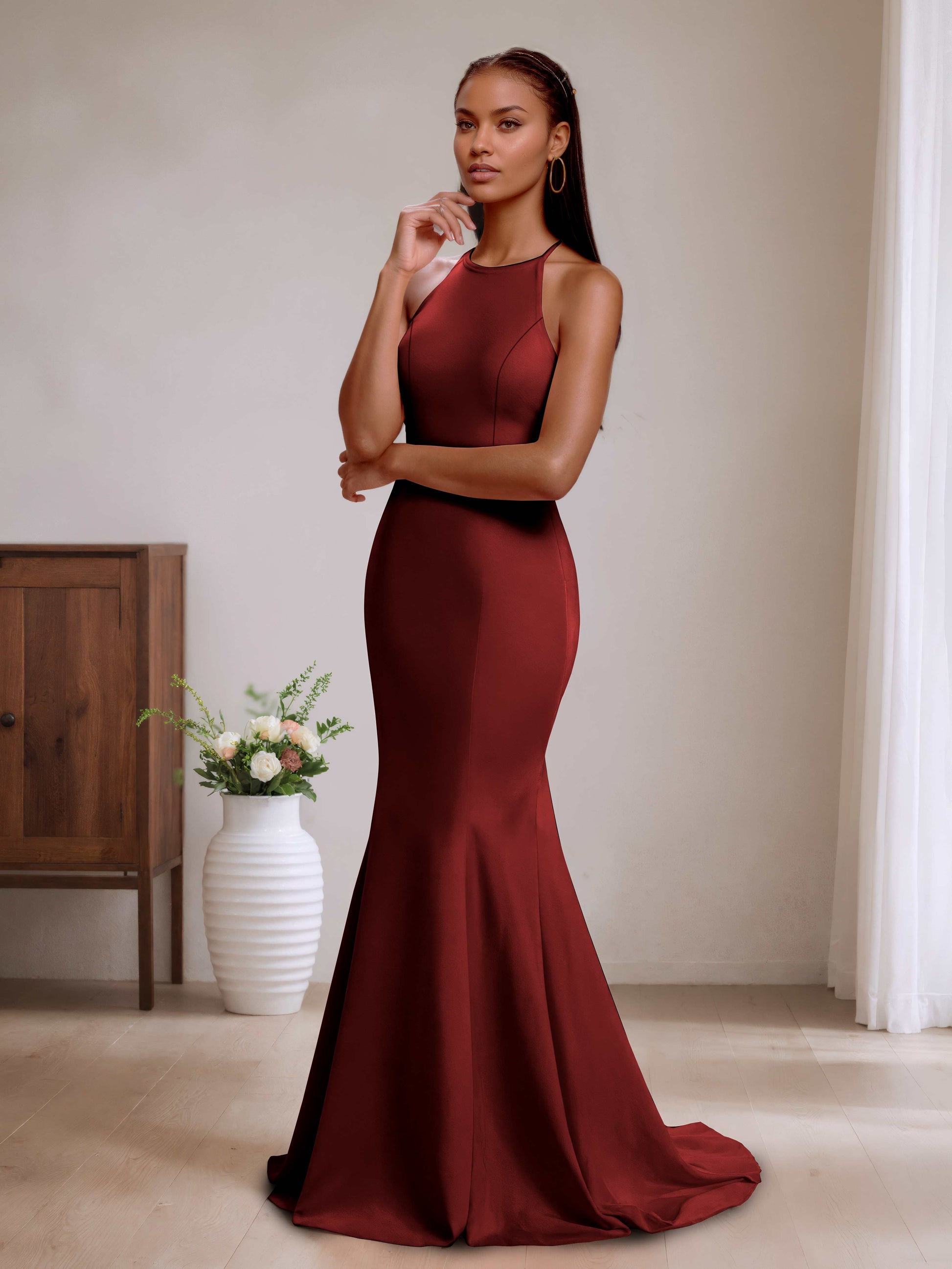 red halter neck bridesmaid dresses Dina Scuba Crepe Twist Halter Neck Floor Length Gown
