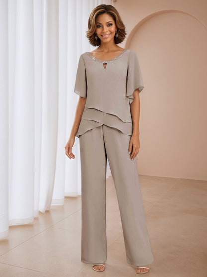 Valeria Scoop Two Pieces Sequin Chiffon Mother of the Bride Jumpsuit/Pantsuit