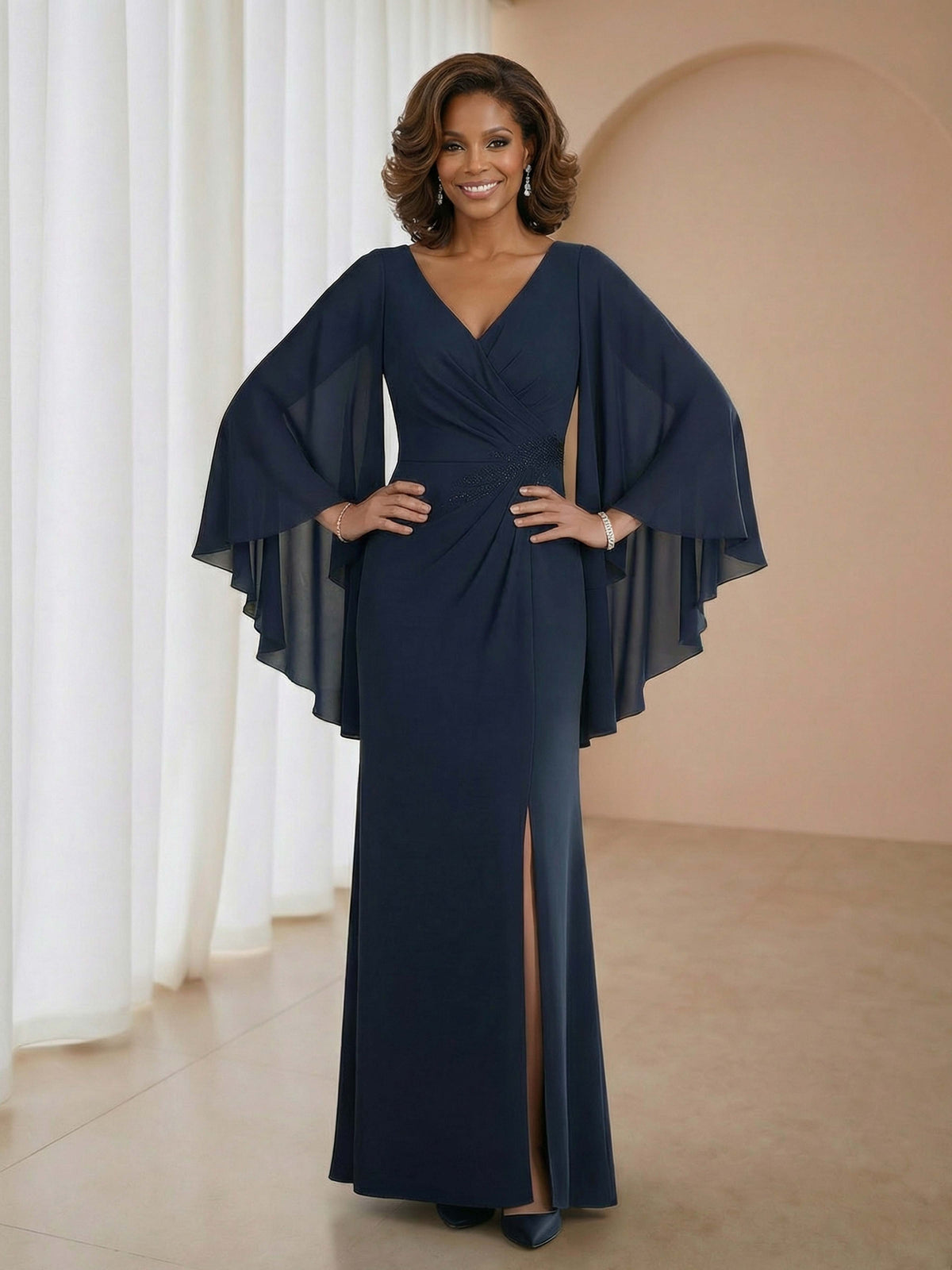 Valyne Elegant Column Pleated V-Neck Chiffon Applique Slit Mother of the Bride Dresses