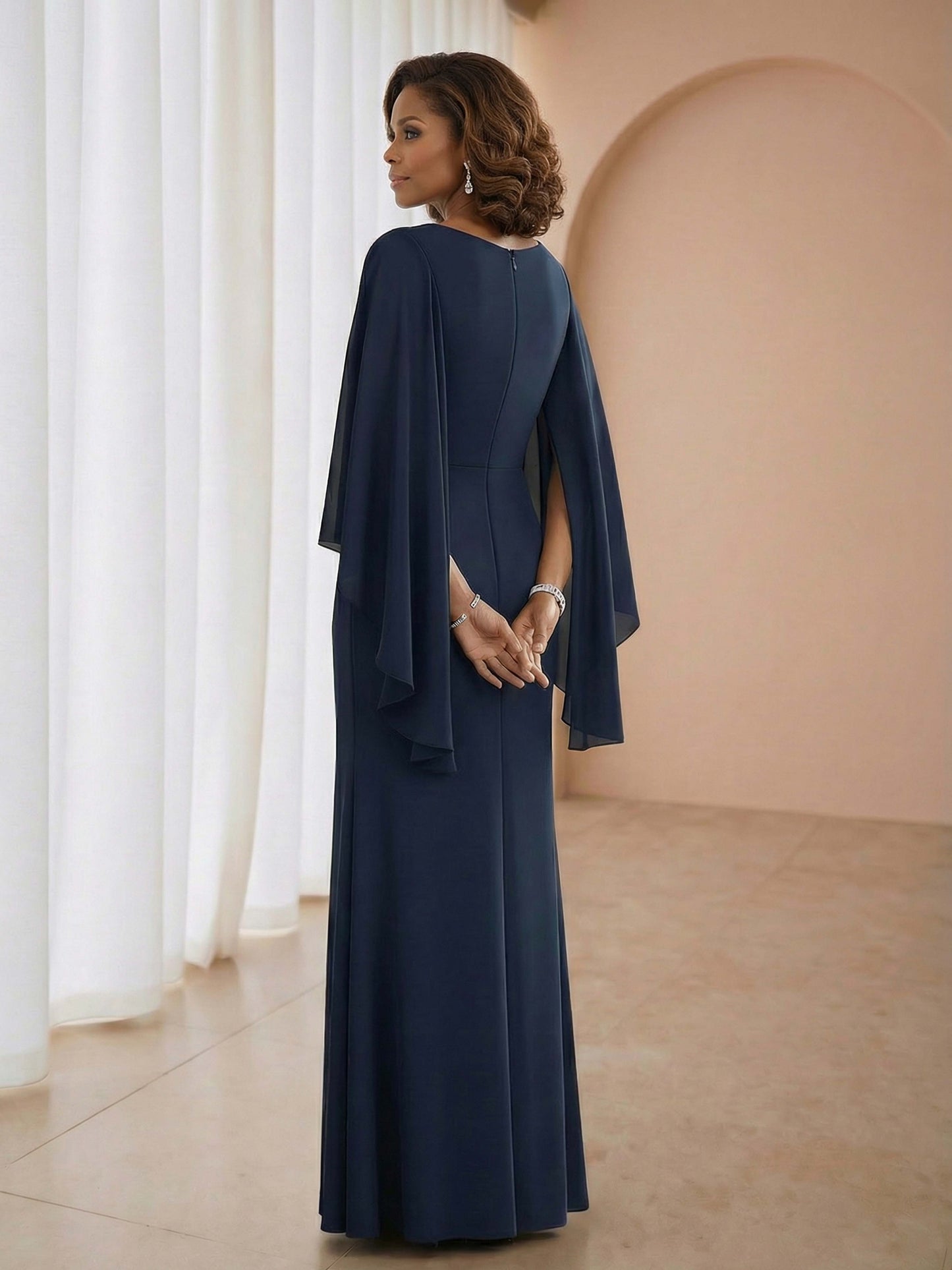 Valyne Elegant Column Pleated V-Neck Chiffon Applique Slit Mother of the Bride Dresses