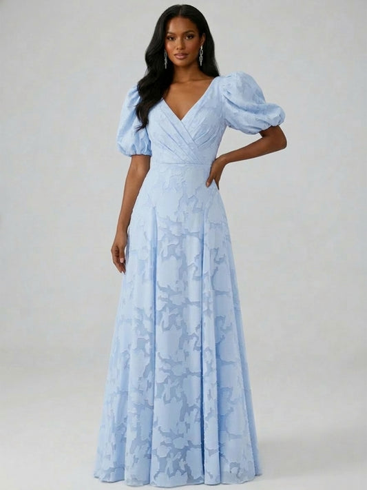 Vaya A-Line Puff Sleeves Ruched Floor-Length Floral Lace Long Bridesmaid Dresses
