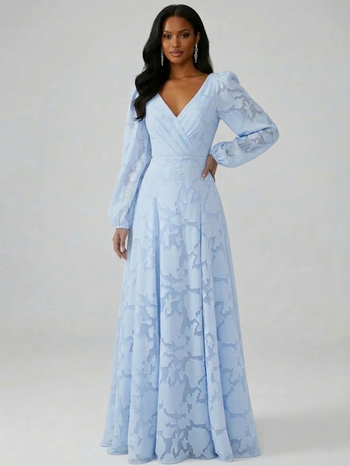 Vela A-Line V-neck Long Sleeves Floor-Length Floral Lace Bridesmaid Dresses