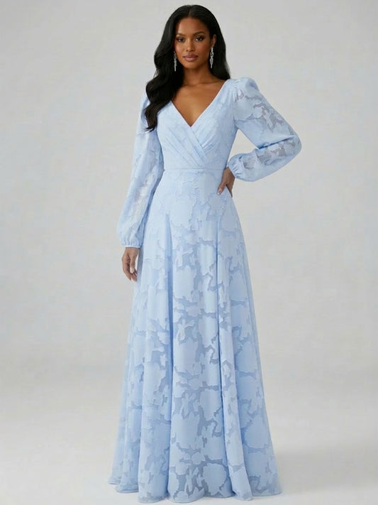 Vela A-Line V-neck Long Sleeves Floor-Length Floral Lace Bridesmaid Dresses