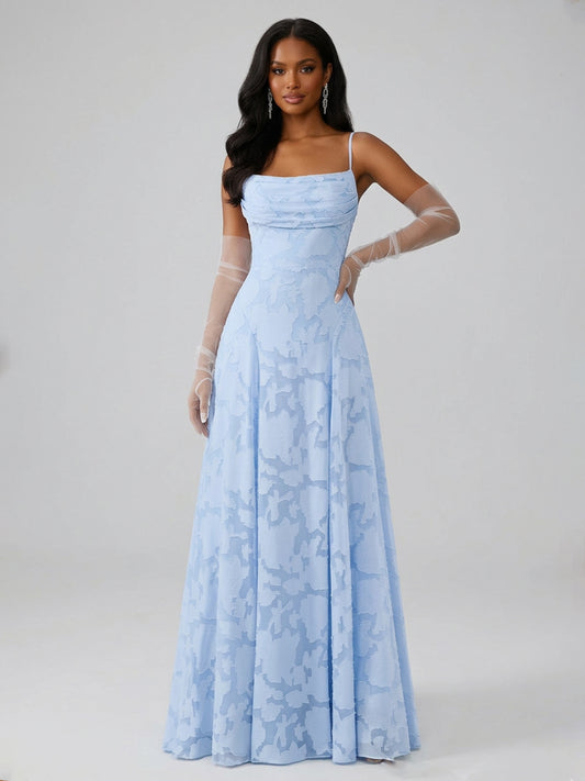Vella A-Line Spaghetti Strap Sleeveless Floor-Length Floral Lace Long Bridesmaid Dresses Light Blue
