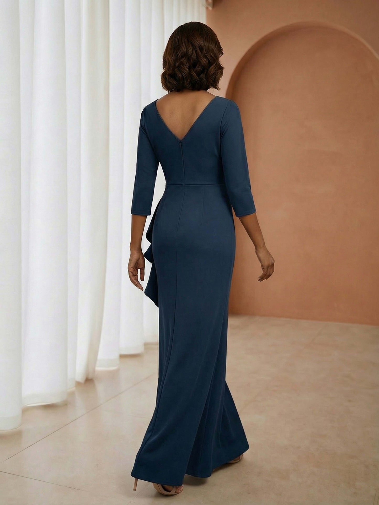 Velmora Elegant Column Gown Draped V-Neck Mother of the Bride Dresses