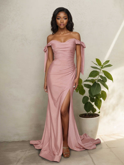 Velora Sexy Off The Shoulder Long Mermaid Prom Dresses with Bows