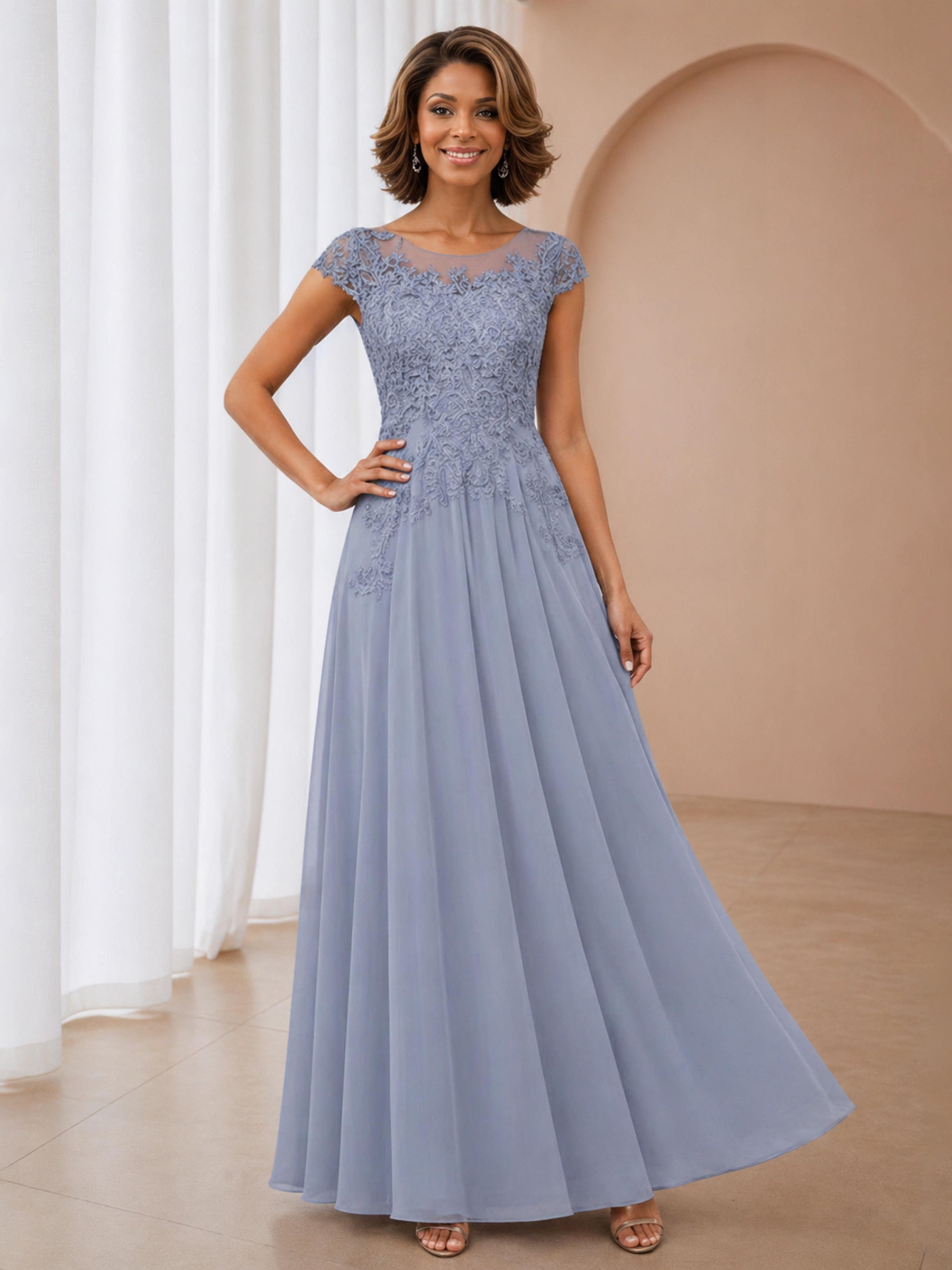 Verona Elegant A-Line Illusion Long Chiffon Mother of the Bride & Groom Dresses