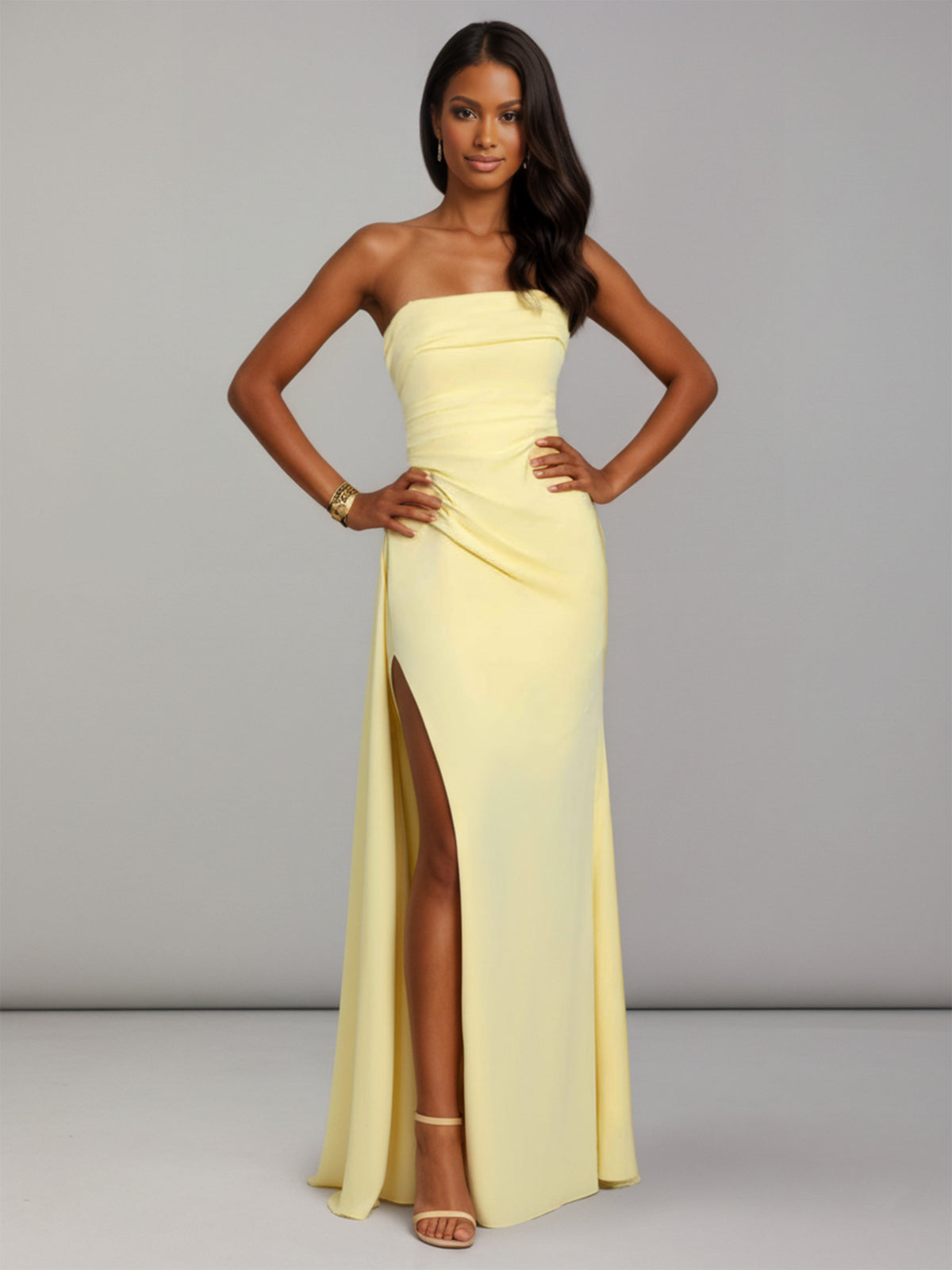 Viona Stylish Strapless Ruffles Long Prom Dresses with Slit