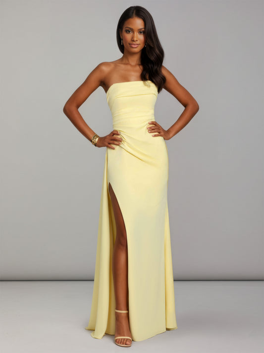 Viona Stylish Strapless Ruffles Long Prom Dresses with Slit