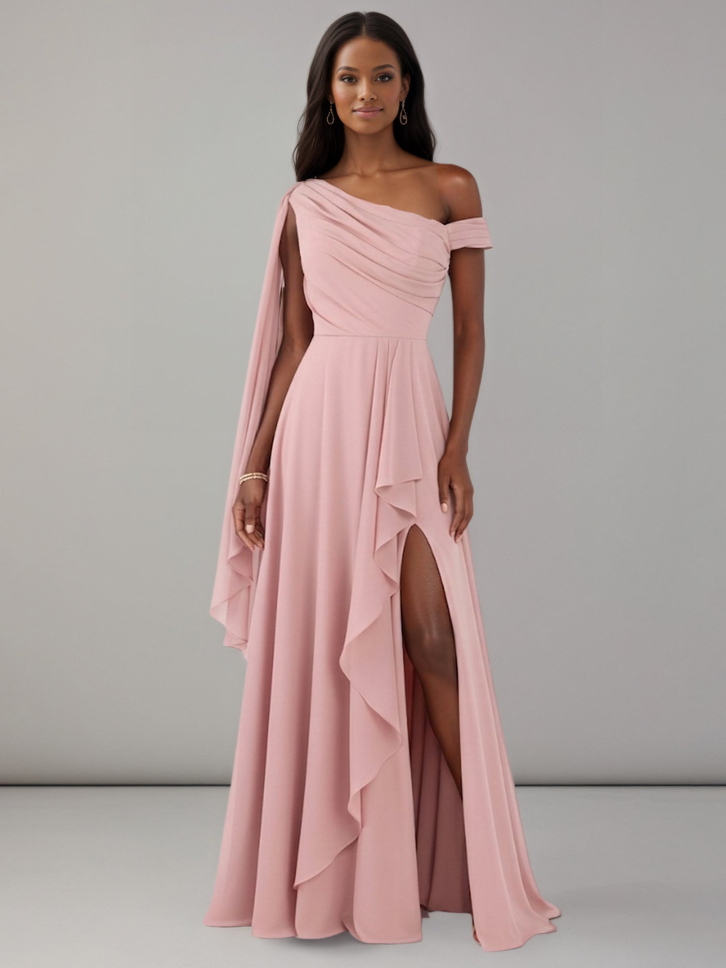 Virella A-Line One Shoulder Pleated Floor Length Bridesmaid Dresses with Slit