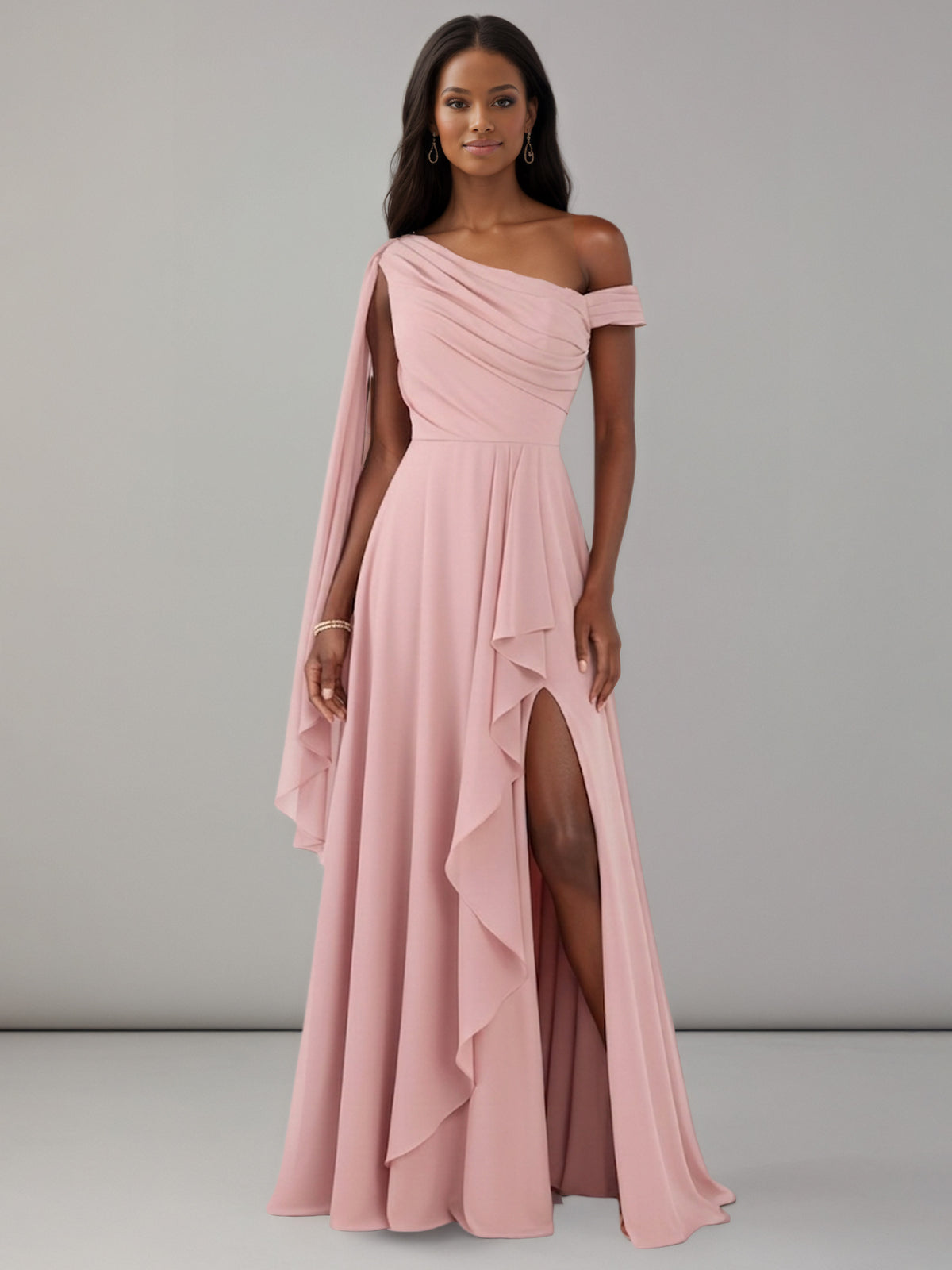 Virella A-Line One Shoulder Pleated Floor Length Bridesmaid Dresses with Slit