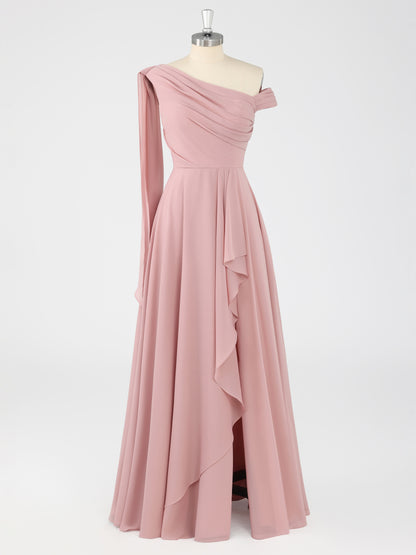 Virella A-Line One Shoulder Pleated Floor Length Bridesmaid Dresses with Slit