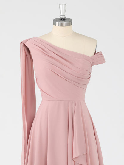 Virella A-Line One Shoulder Pleated Floor Length Bridesmaid Dresses with Slit