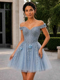 Vireza Off-The-Shoulder 3D Floral Beaded Lace Glitter Tulle Mini Homecoming Dress