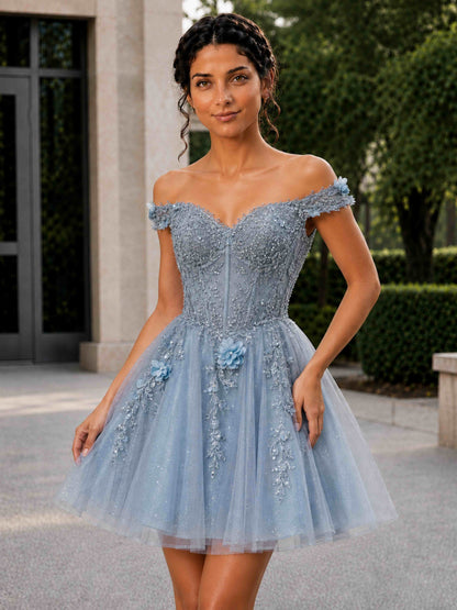 Vireza Off-The-Shoulder 3D Floral Beaded Lace Glitter Tulle Mini Homecoming Dress