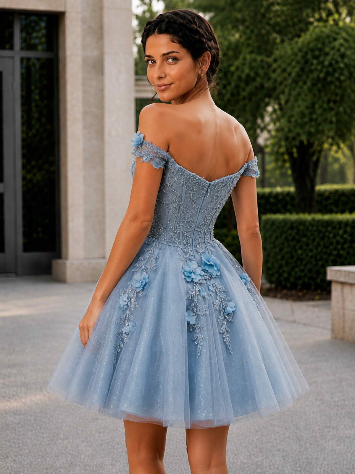 Vireza Off-The-Shoulder 3D Floral Beaded Lace Glitter Tulle Mini Homecoming Dress