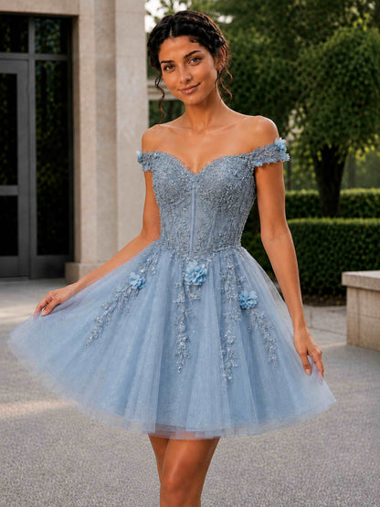 Vireza Off-The-Shoulder 3D Floral Beaded Lace Glitter Tulle Mini Homecoming Dress