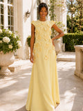Vivienne A-Line Cap Sleeve Long Formal Dress with 3D Flowers