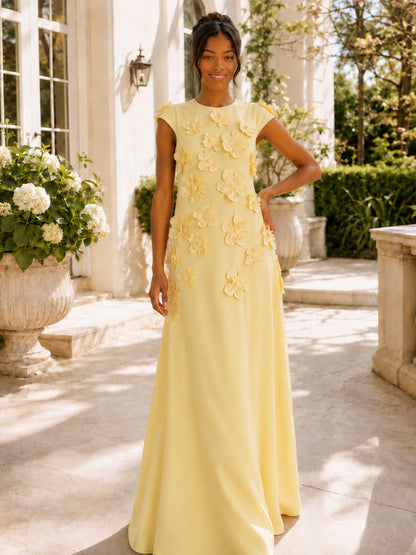 Vivienne A-Line Cap Sleeve Long Formal Dress with 3D Flowers