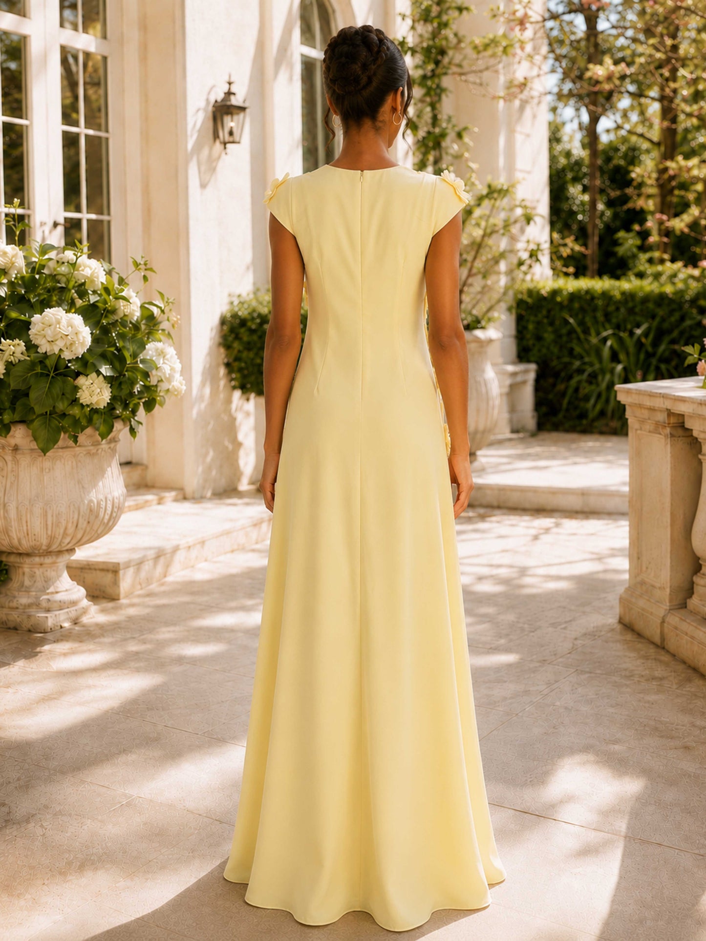 Vivienne A-Line Cap Sleeve Long Formal Dress with 3D Flowers