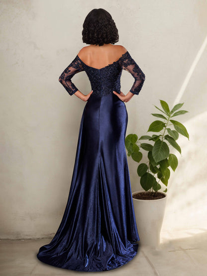 Wenia Stylish Off Shoulder 3/4 Sleeves Prom Dresses with Beaded