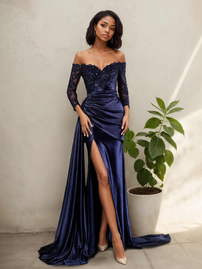 Wenia Stylish Off Shoulder 3/4 Sleeves Prom Dresses with Beaded