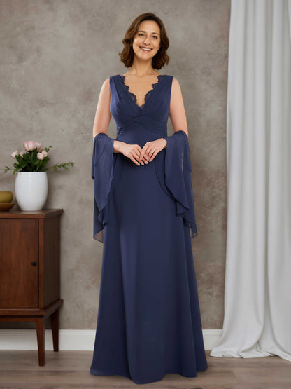 Willa Stylish A-line V-neck Floor-Length Chiffon Mother of the Bride Dresses with Appliques Lace