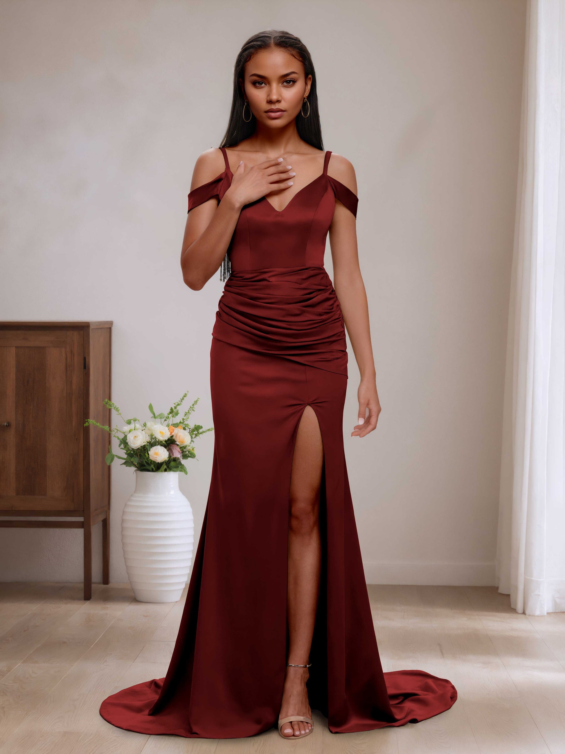 Winnie Stylish Off-the-Shoulder Bridesmaid Dresses with Slit – Cathnina Winnie Stylish Off-the-Shoulder Bridesmaid Dresses with Slit – Cathnina