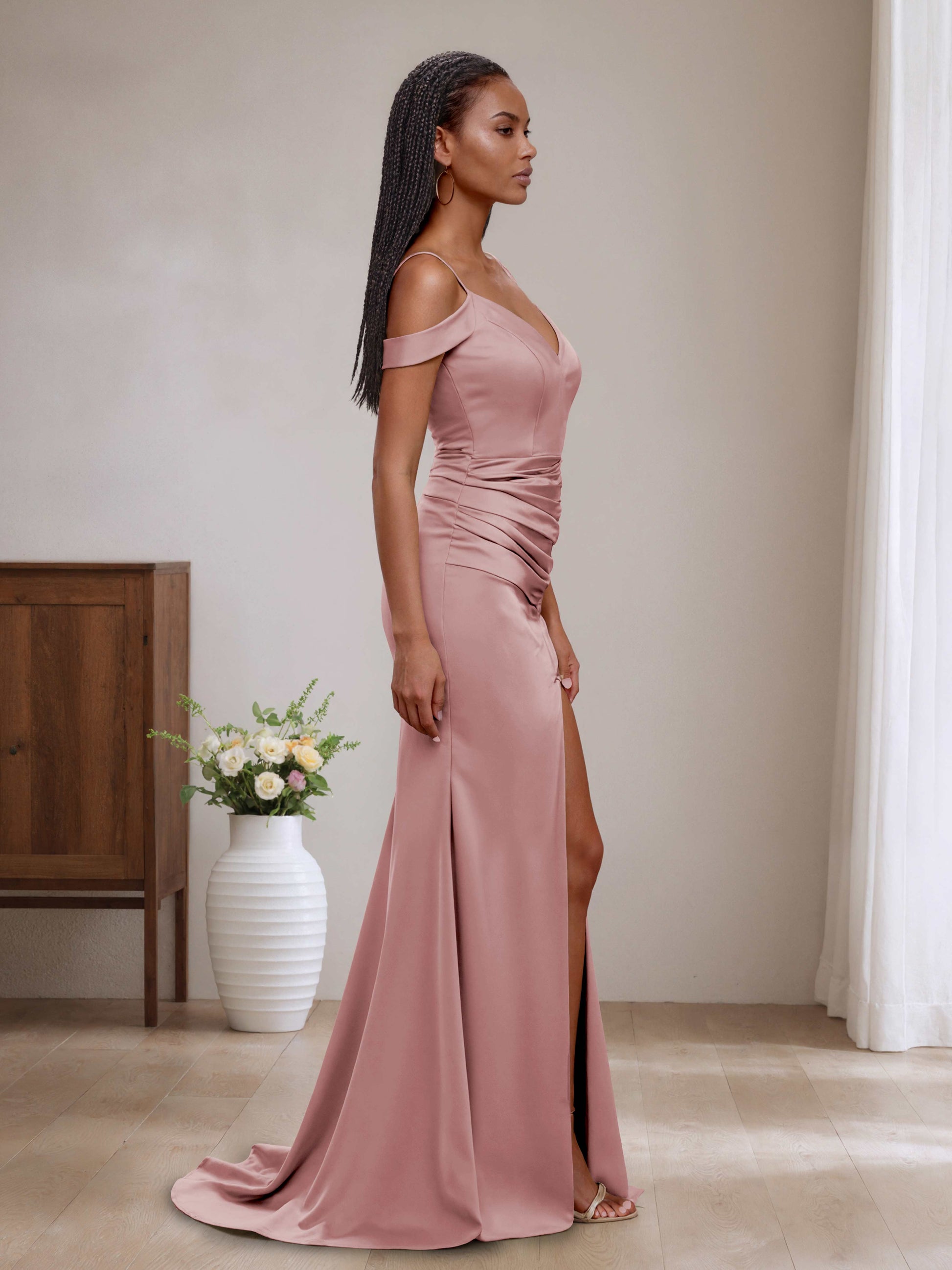 40 bridesmaid dresses Cetims Elegant V Neck A Line Floor Length Soft Satin Bridesmaid Dress with Short Sleeves Ideal for Wedding Guests Rust
