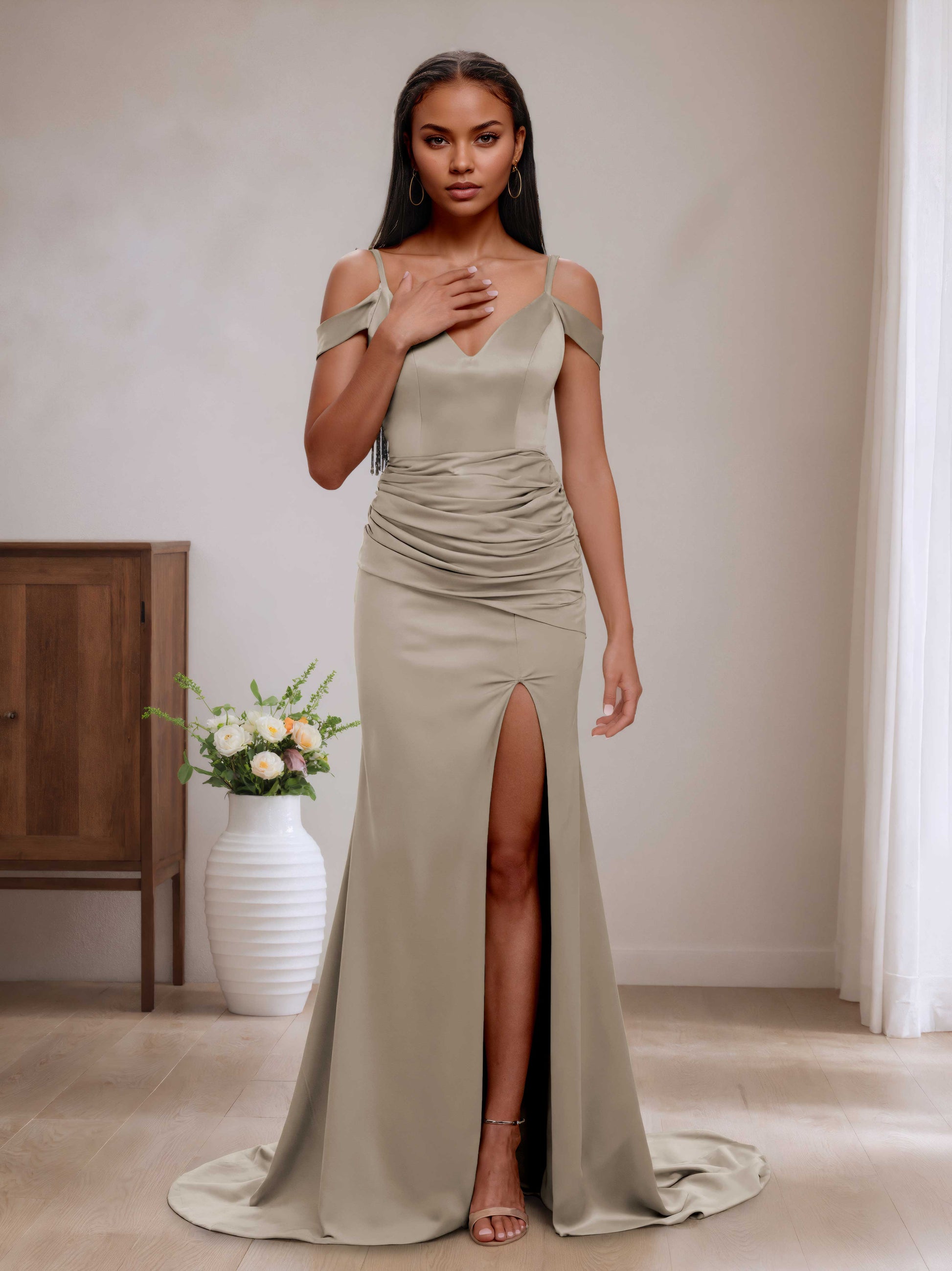 Silk Bridesmaid With Sleeves Evening Dresses Long Dress Under 500 Asymmetrical Cuff Neck Stretch Satin Bias Silk Bridesmaid With Sleeves Evening Dresses Long Dress Under 500 Asymmetrical Cuff Neck Stretch Satin Bias