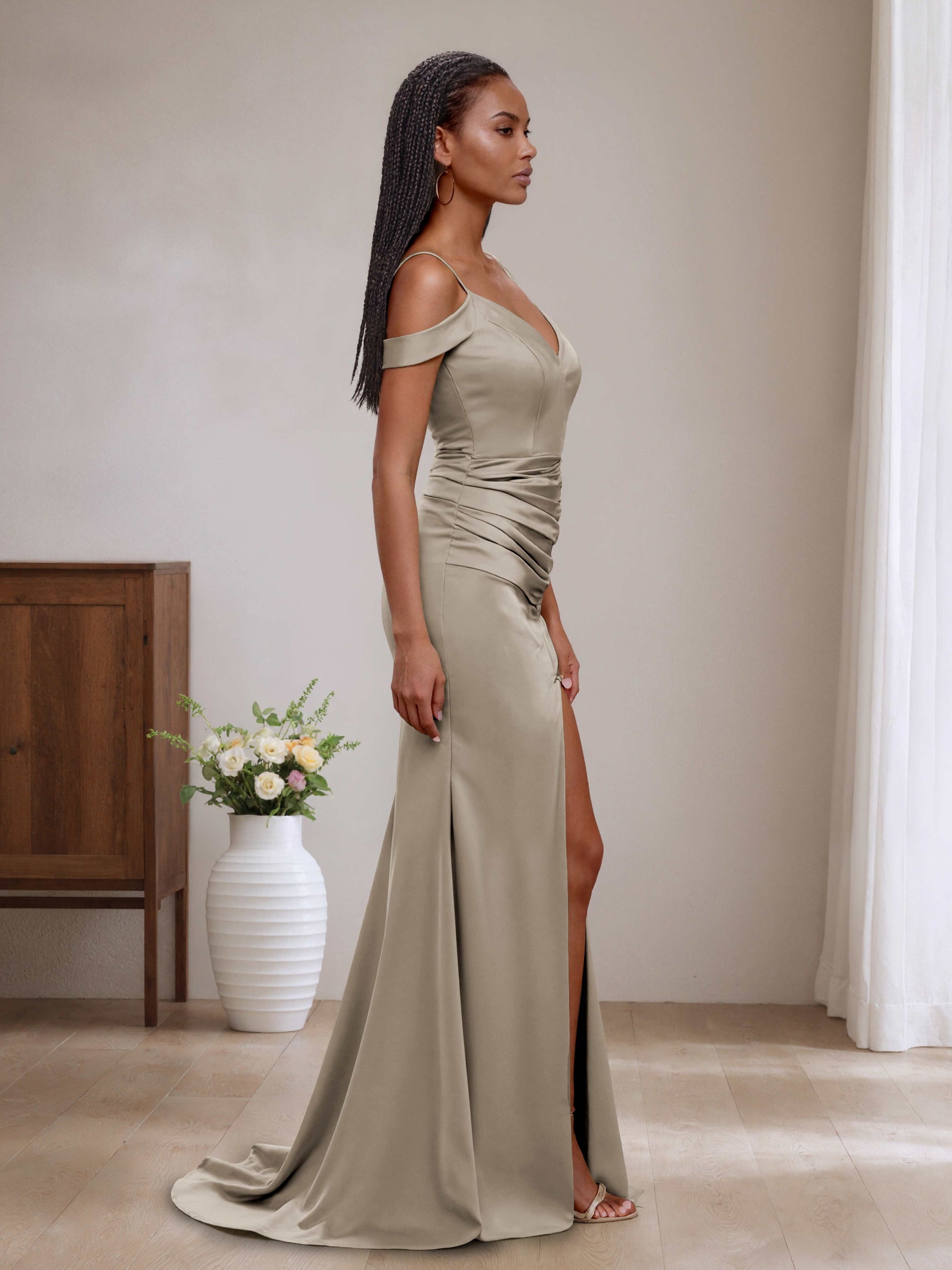 stylish bridesmaid dresses Elegant Mermaid brown satin for Beach, Boho, Country Weddings, and Formal Events Satin Gown with Sweep Train and Bowknot Detail.This long strappy bridesmaid dress can be custom made with no extra cost Winnie Stylish Off-the-Shoulder Bridesmaid Dresses