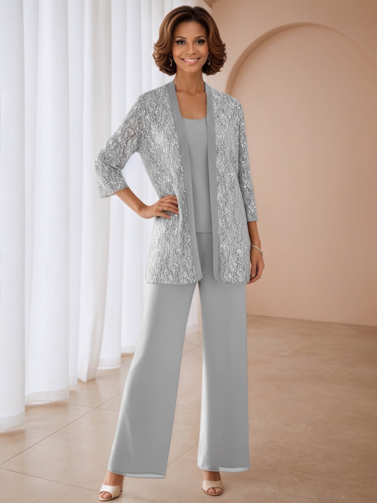 Winona 3-Piece 3/4 Sleeves Sequins Chiffon Mother of the Bride Pantsuit with Jacket