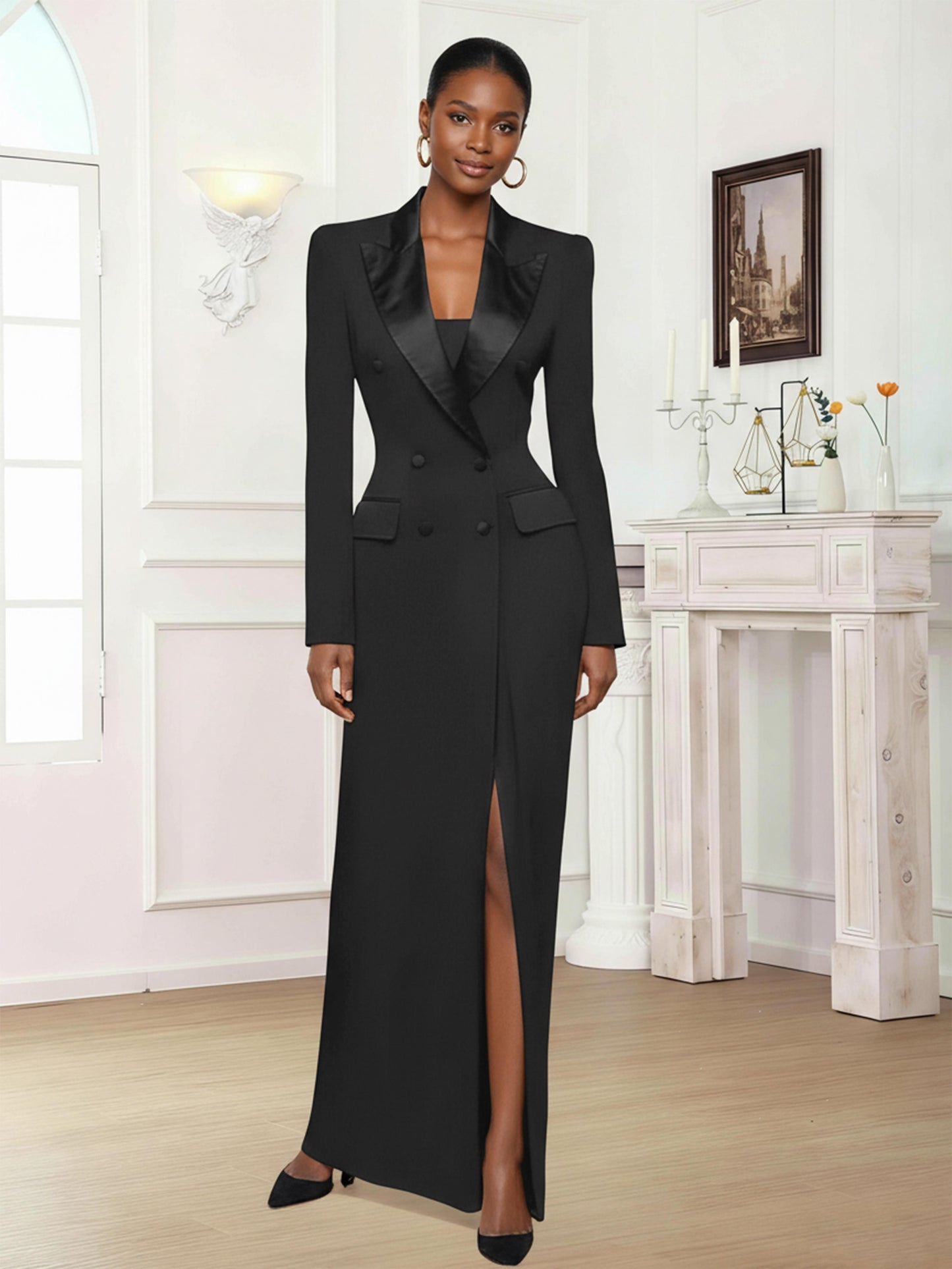 Women's Double Breasted Peak Lapel Floor Length Suit Jacket