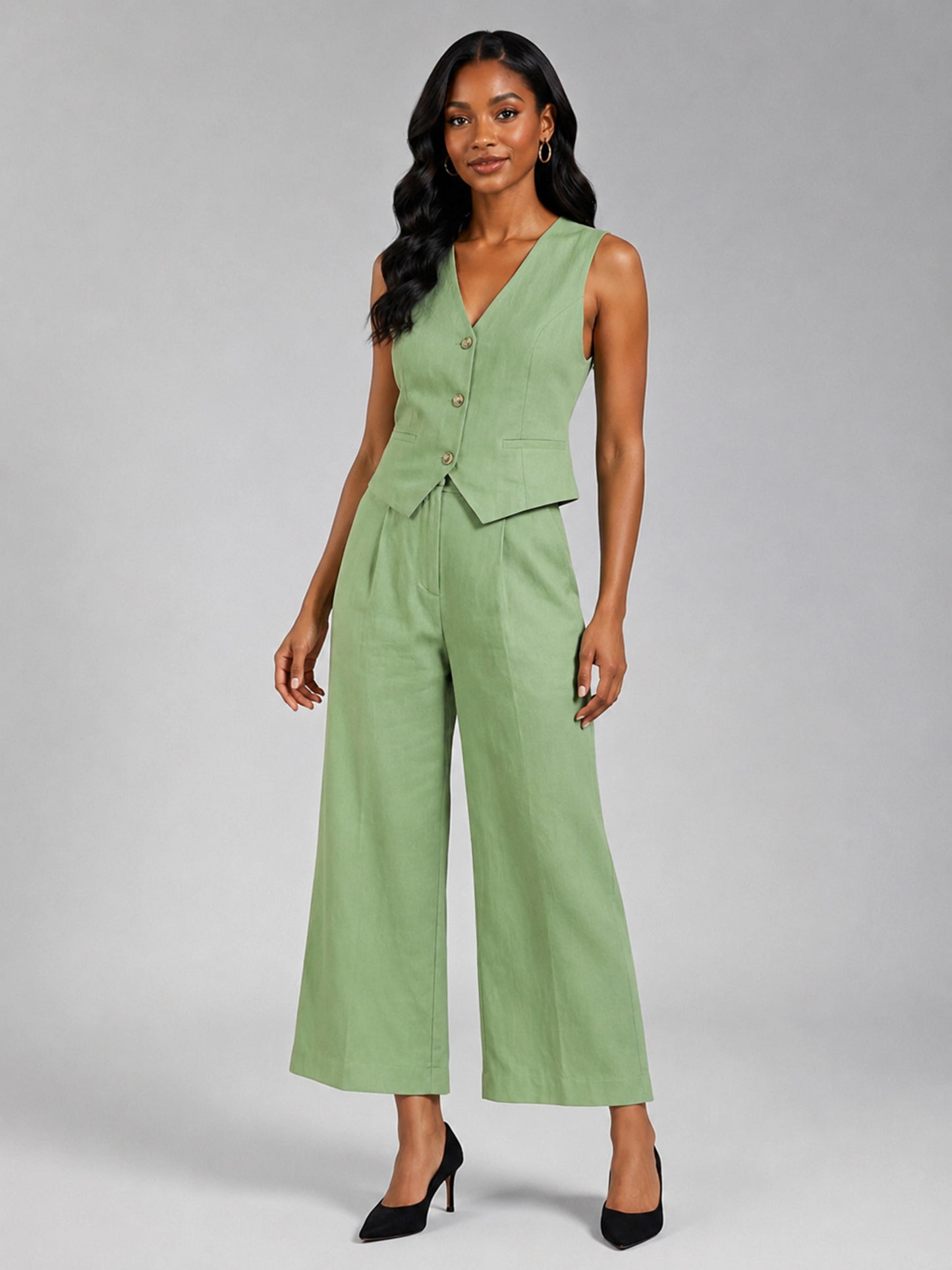 Women’s Linen Vest and Wide Leg Pants Set for Vacation