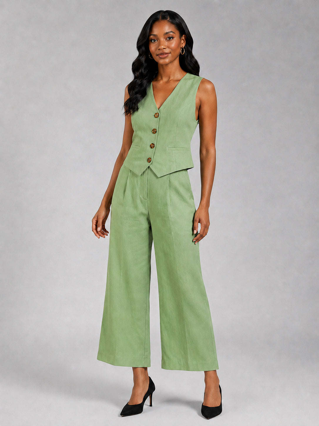 Women's Linen Vest and Wide Leg Pants Set for Vacation