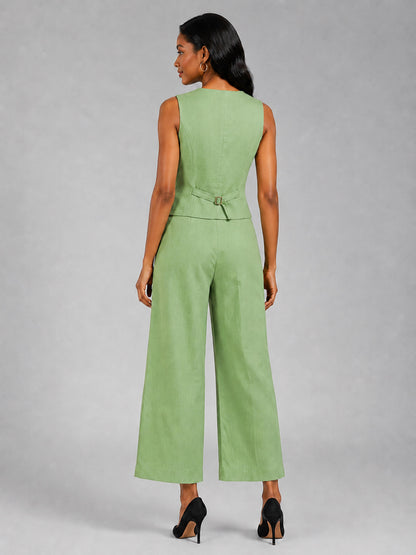 Women’s Linen Vest and Wide Leg Pants Set for Vacation